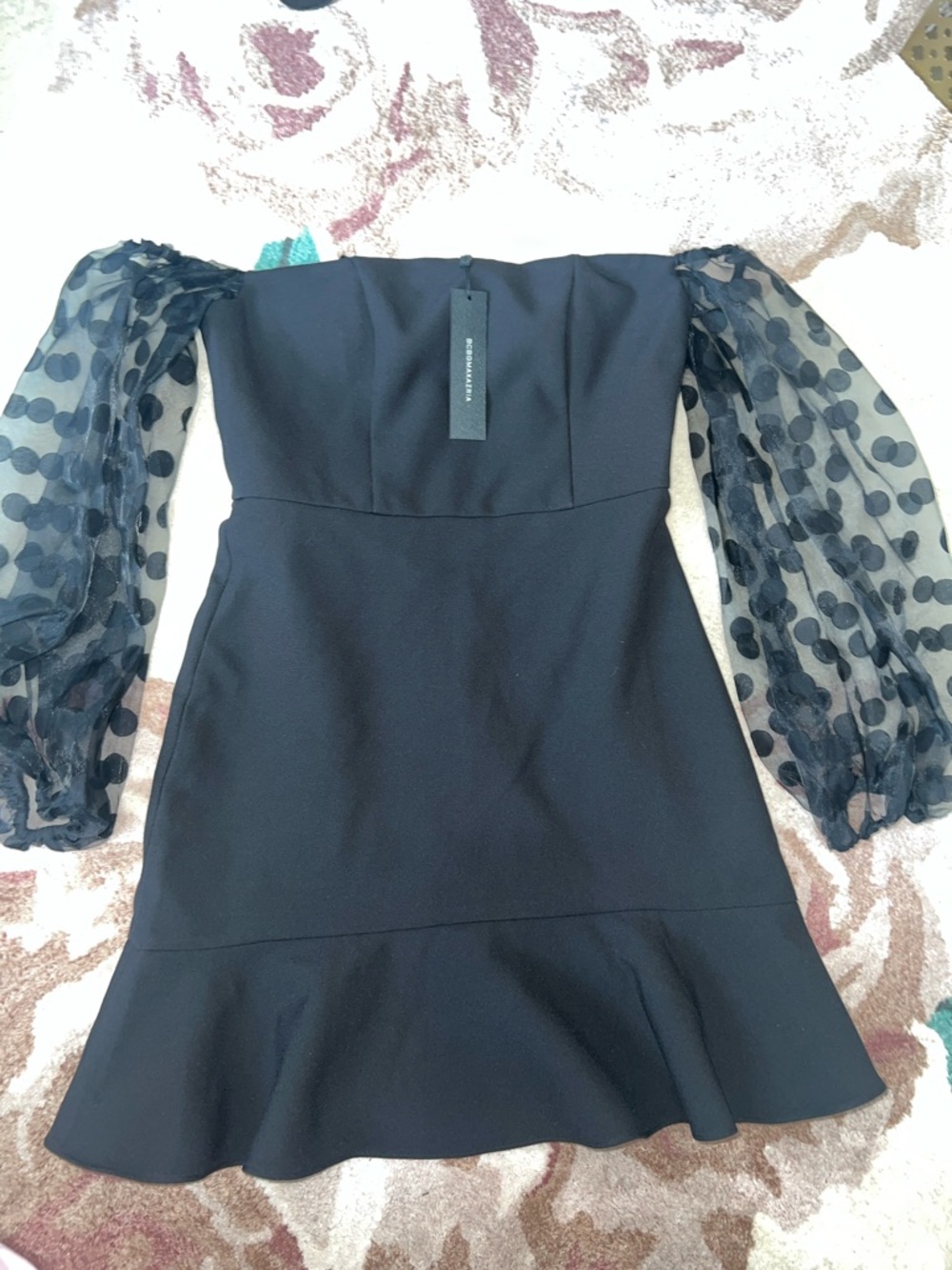 BCBGMaxAzria Black Strapless Mini Dress with Sheer Polka Dot Puff Sleeves
